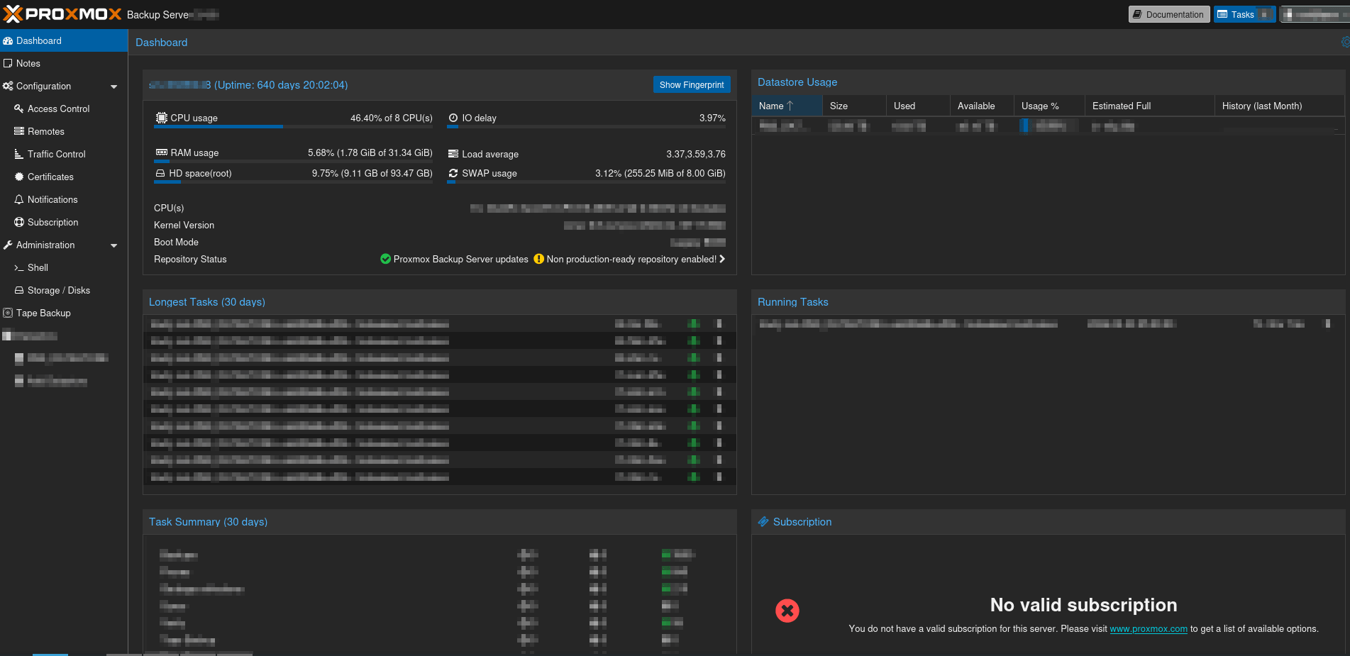 Capture d'écran de l'interface web de Proxmox Backup Serveur