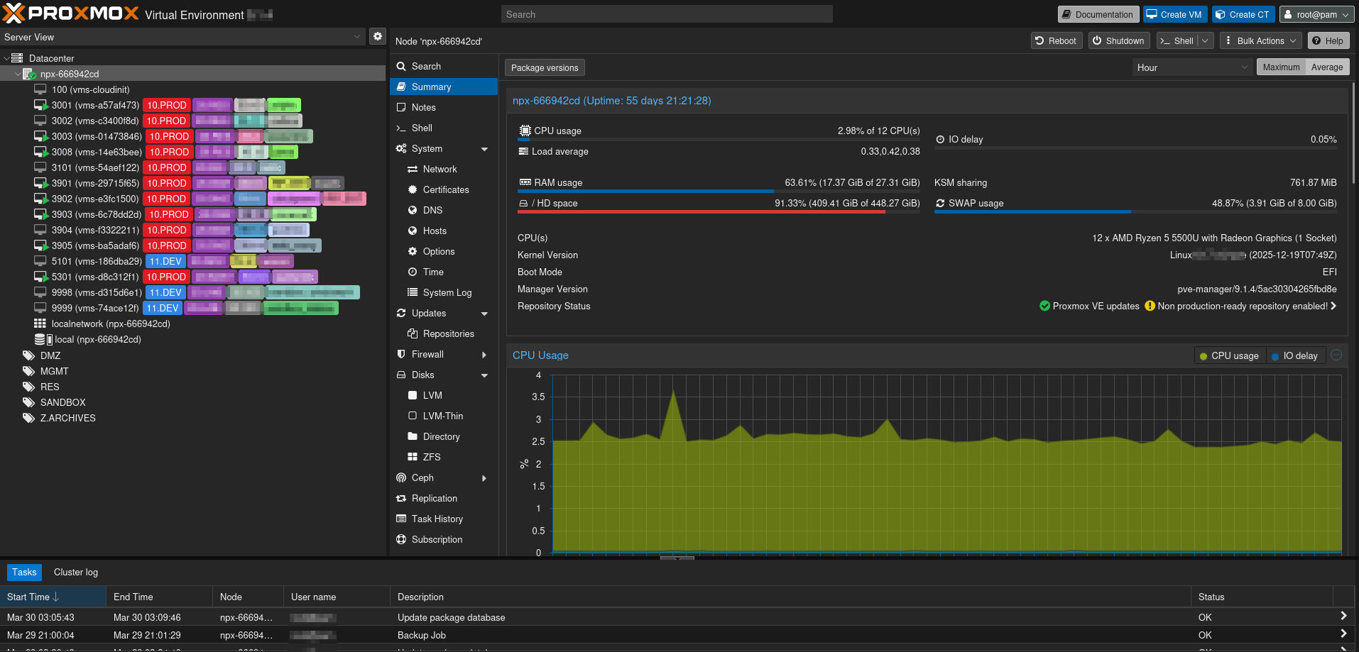 Capture d'écran de l'interface web de Proxmox VE